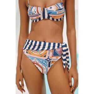 Farm Rio Anthropologie High Rise Side Tie Bikini Bottom Blue Print XS NEW/NWT!!